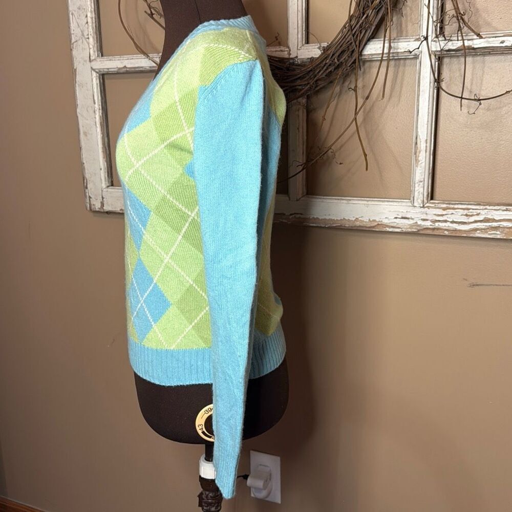Lilly Pulitzer cashmere spandex argyle sweater size medium blue green small stai - Picture 4 of 9
